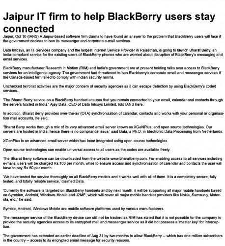 Jaipur IT firm to help BlackBerry users stay connected- 11th October