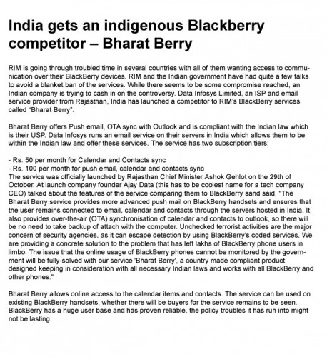 India gets an indigenous Blackberry competitor – Bharat Berry- 1 November, ZDnet USA
