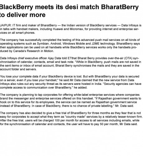 BlackBerry meets its desi match; BharatSync to deliver more- 3 November