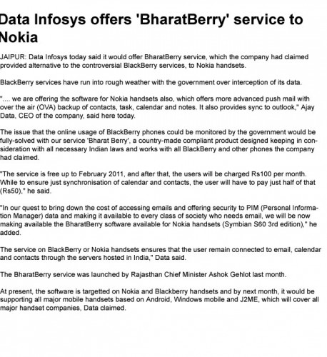 India’s Data Ingenious Global Limited (Formerly Known as Data Infosys limited) offers ‘BharatSync’ service to Nokia