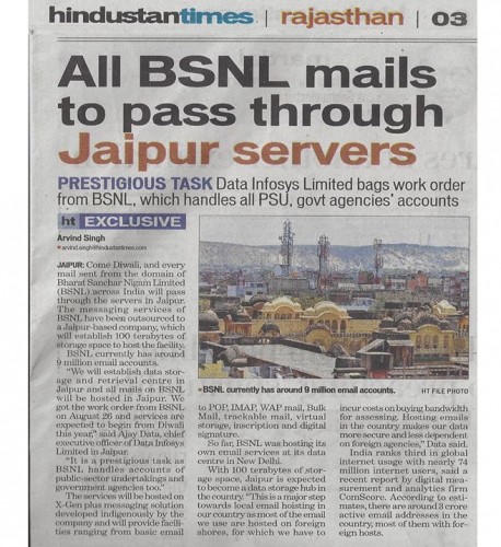 All BSNL mails to pass through Jaipur DataIngenious (Formerly Know as DataInfosys) Servers- Hindustan Times