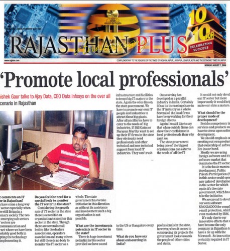 Promote local professionals’ Abhishek Gaur talks to Ajay Data, CEO of Data Ingenious Global Limited (Formerly Known as Data Infosys limited)- 27 August, Rajasthan Plus