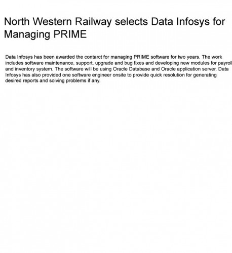 North Western Railway selects Data Ingenious Global Limited (Formerly Known as Data Infosys limited) for Managing PRIME