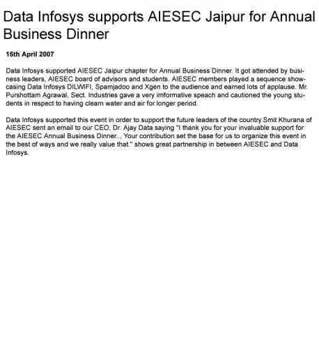 Data Ingenious Global Limited (Formerly Known as Data Infosys) supports AIESEC Jaipur for Annual Business Dinner- 15 April
