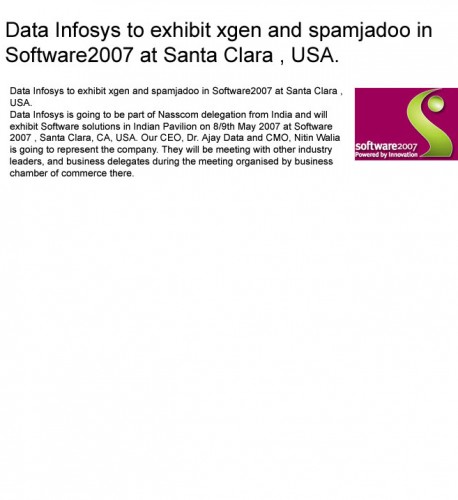 Data Ingenious Global Limited to exhibit xgen and spamjadoo in Software2007 at Santa Clara , USA