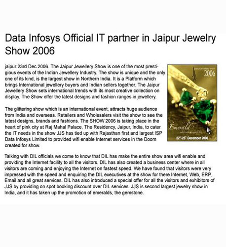 Data Ingenious Global Limited (Formerly Known as Data Infosys limited) Official IT partner in Jaipur Jewelry Show 2006