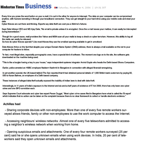 Hackers tunneling in broadband connection- 27 October, hindustantimes.com