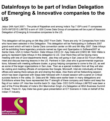 Data Ingenious Global Limited (Formerly Known as Data Infosys limited) to be part of Indian Delegation of Emerging & Innovative companies to the US- 24 April