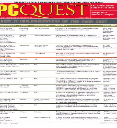 Project Ranthambor Wildlife Safari Rajasthan Handled by DataIngenious (Formerly Know as DataInfosys) – Best IT Implementations Of the Year 2007- June, PC QUEST