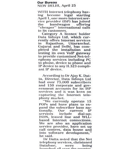 Data Ingenious Global Limited (Formerly Known as Data Infosys limited) to offer Net telephony- 25 April