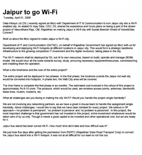 Jaipur to go Wi-Fi- 01 April,Voice & Data Connect