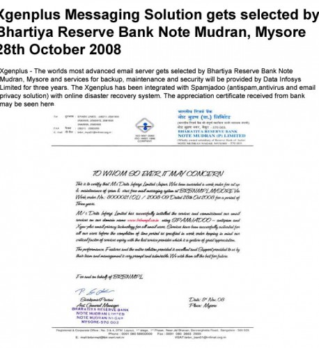 Xgenplus Messaging Solution gets selected by Bhartiya Reserve Bank Note Mudran,Mysore – 28th October 2008
