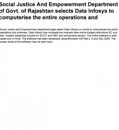 Social Justice And Empowerment Department of Govt. of Rajashtan selects Data Ingenious Global Limited to computerise the entire operations and schemes.- 7 November