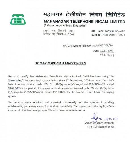 Spamjadoo Get’s appreciate from MTNL Delhi.- 10 November