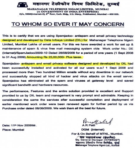 Spamjadoo Get’s appreciate from MTNL Mumbai.- 11 November